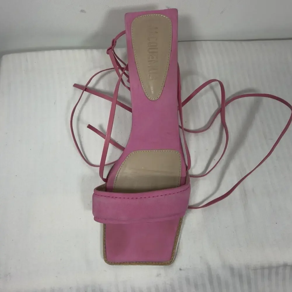 Jacquemus Pink Suede Ankle Tie Block Heel Sandals Size 8 UK 39 - Picture 14 of 15
